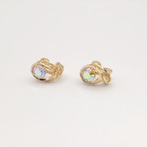 Vintage Gold Screw on Earrings with Iridescent Stones and subtle heart details